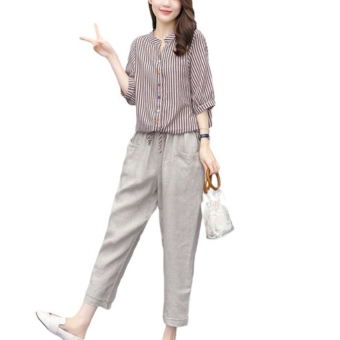 ROYALBELLE 여성캐주얼룩 린넨 상하세트 스트라이프 반팔 셔츠 데일리 베이직 9부팬츠 Y032912 캐주얼셋업 ROYALBELLE 여성캐주얼룩 린넨 상하세트 스트라이프 반팔 셔츠 데일리 베이직 9부팬츠 Y032912 캐주얼셋업