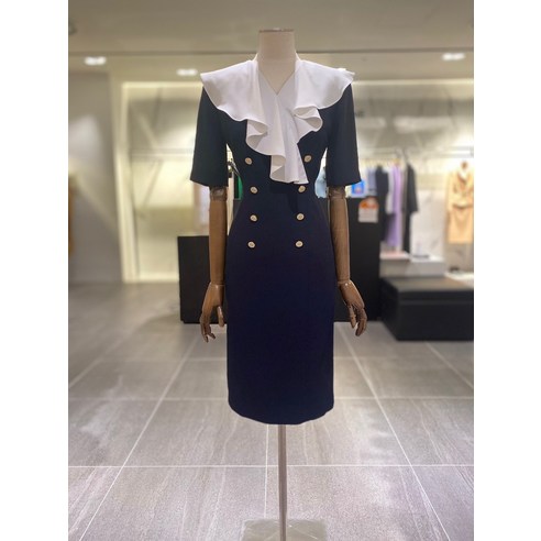 모조에스핀 배색러플 V넥 슬림원피스 S232MSE015NY(1878896)