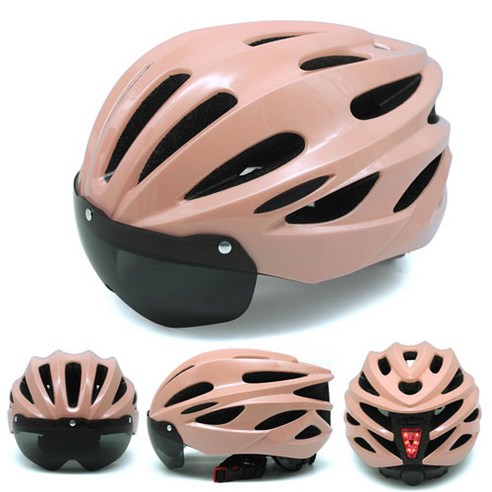 자전거 헬멧 고글 후미등 라이딩 성인용 머리둘레 조절 가능, 핑크색