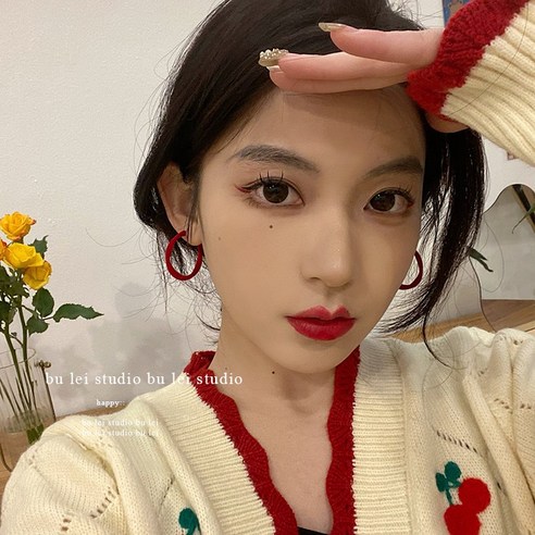 SURBORT 레드 귀걸이 경사귀걸이 리본 이어링 순은침 귀걸이