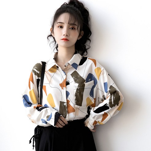 2022 가을 새 프린트 셔츠 여성 틈새 디자인 봄과 가을 긴팔 학생 복고풍 홍콩 맛 흰 셔츠