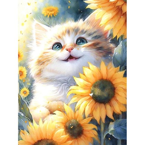 DIYEE 비즈 큐빅 보석십자수 세트 패브릭형 30x40cm, OH208 행운의 고양이 해바라기, 1개