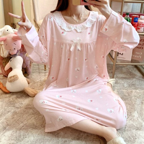 [또온나] 원피스 잠옷 여성 홈웨어 꽃잎 하트 프린팅과 리본 프릴 디테일의 귀여운 파스텔톤 공주풍 체크 파자마 CW프릴