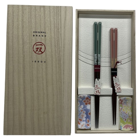 Ishida 오리지널 브랜드 잇소우 젓가락 받침대 포함 세트, 젓가락 2종 + 젓가락 받침대 2개입, 1세트, 그린 + 레드