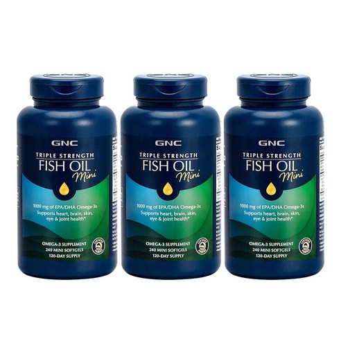 GNC 트리플 스트렝스 피쉬 오일 1000mg EPA DHA 오메가-3 미니 소프트젤 글루텐 프리 무설탕, 240정, 3개