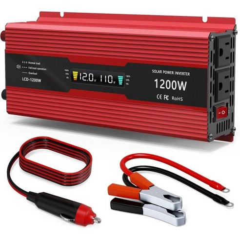 1200W 자동차 전력 인버터 DC 12V 110V AC 컨버터LCD 디스플레이 및 콘센트 2A USB 충전 포트 포함, 1개