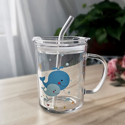 유리컵 빨대 우유 아침컵 귀엽다 만화 눈금 컵 덮개 숟가락 선물 글씨, 301-400ml, 400ml 블루고래+ps캡+유리빨대