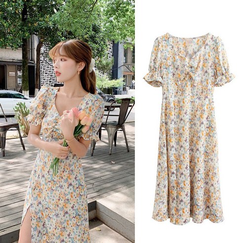 ANYOU 여름원피스 브이넥 퍼프소매 플라워 원피스 쉬폰 롱원피스