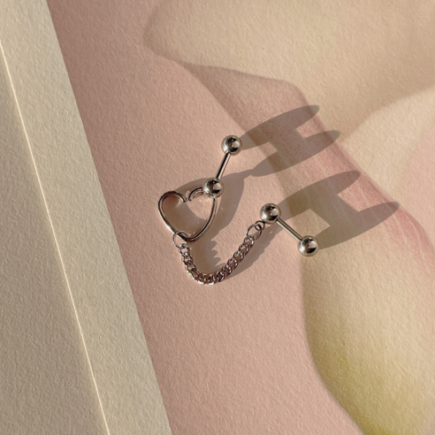 써지컬스틸 하트 체인 큐빅 투핀피어싱