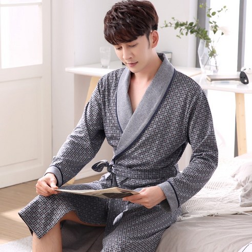 DFMEI-Y 브랜드 잠옷 여성 봄과 가을 커플 목욕 가운 순수 코튼 잠옷 남성 여름 긴 소매 확장 목욕 가운 대형 사이즈 긴팔 가운, {"패션의류/잡화 사이즈":"XXXL 크기"}, DFMEI 남성 96345