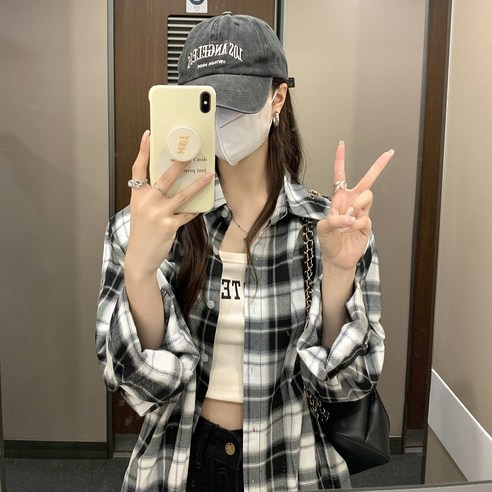 넷투넷코리아 여성 체크무늬 셔츠 긴팔 루즈핏 격자 남방 심플