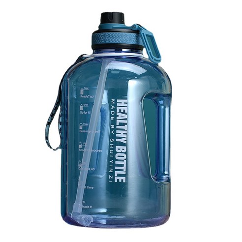 2.2L 대용량 물 컵 스포츠 피트니스 갤런 밀짚 대형 주전자 고온 저항 플라스틱 톤 배럴, 블루
