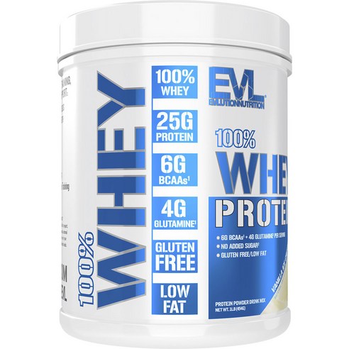 EVLUTIONNUTRITION 웨이 프로틴 파우더 드링크 믹스 바닐라 아이스 크림 맛, 454g, 1개