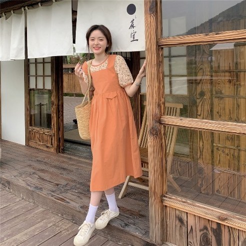 KORELAN 오렌지 멜빵 스커트 데일리 부드러운 오버 슬립 여 여름 복고 프렌치 첫사랑 원피스
