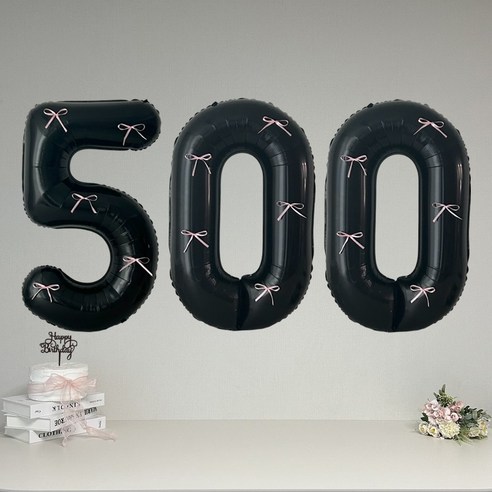 연지마켓 블랙 대형 숫자 풍선 리본 기념일 생일, 1개, 핑크리본 + 블랙숫자 500