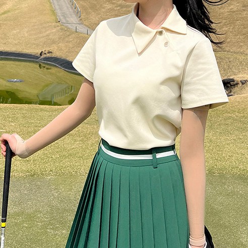 엠엠스포츠 여성 여름 기능성원단 에어로쿨 카라 사선 버튼 골프 반팔티셔츠