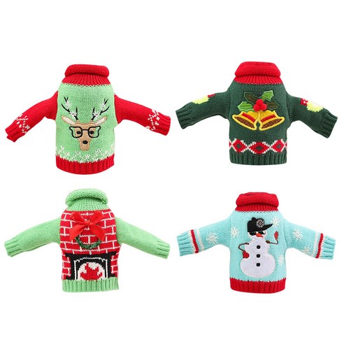 Monland 4 pcs 크리스마스 와인 병 커버 휴일 파티 테이블 홈 인테리어에 대 한 재사용 가능한 드레스 스웨터, 보여진 바와 같이