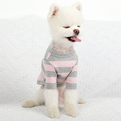 럭키페터 베이직 스프라이프 강아지 옷 소형견 대형견 티셔츠 실내복 강아지 내복, 핑크/그레이, 1개