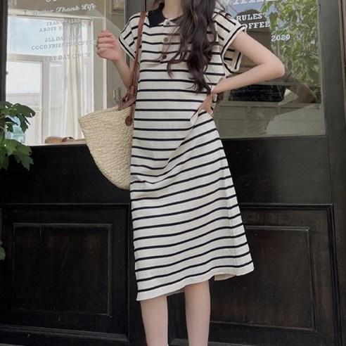 블랙베인 카라 여성 데일리 스트라이프 롱원피스