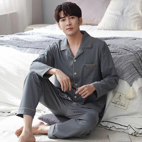 KORELAN 순면 지게잠옷 남성 긴팔 카디건 터틀넥 심플한 순색 홈웨어 세트 오프라인 매장