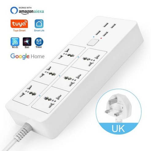 스마트 전원 스트립 WIFI 유니버설 5V3.1A Alexa Googlehome 블루투스 컨트롤 멀티 플러그 6AC 4USB 음성 Contro UK/EU/US/AU, 유니버설 플러그_16A UK WIFI 1.8M, 4)  플러그 - 16A UK WIFI 1.8M