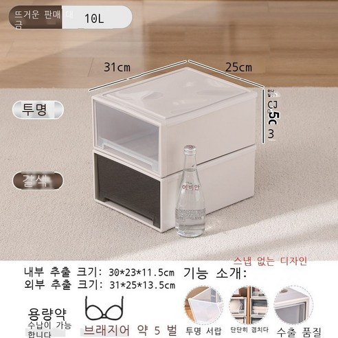 옷 수납함 플라스틱 서랍식 수납함 투명 데스크톱 거실 옷장 보관함 수납장 정리함, 투명한 모양, 10#[깊이 31*너비 25*높이 13.5cm]