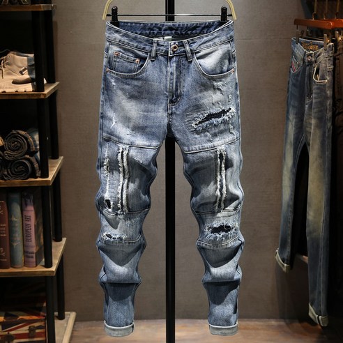 남성용 청바지 찢청 패치 스판 슬림 청바지 Men''s jeans