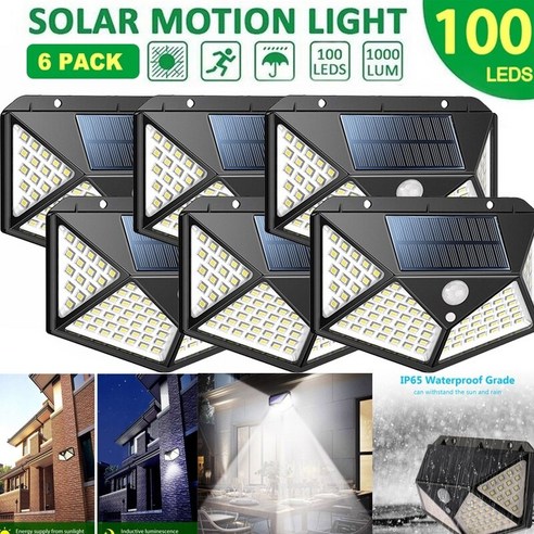 [KHTE] 야외 태양광 동작 센서등 와이드 앵글 Led 전구 100 개 밝기 무선 방수 IP65 벽등 정원 벽 거리, 6 Piece