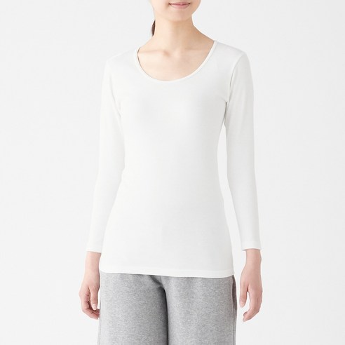 무인양품 MUJI 여성 따뜻한 코튼 울 스무스 U넥 8부소매 티셔츠