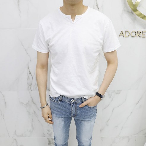 아도르클래식 미니멀 트임 브이넥 5컬러 워싱 반팔티