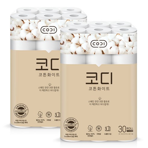 코디 코튼화이트 3겹 롤화장지 30m, 30개입, 2개