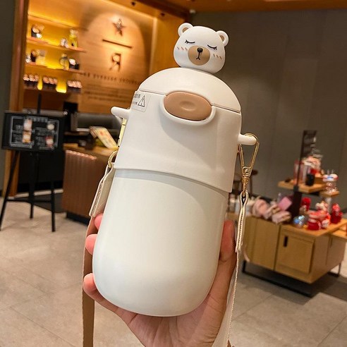 [LM] 500ml 곰 스티커 보온병 스테인레스 스틸 절연 뜨거운 음료 컵 밀짚 선물, {"크기":"500ml"}, White