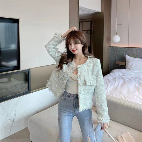 럭셔리 프리미엄 진주펄 여성 오픈 트위드 자켓