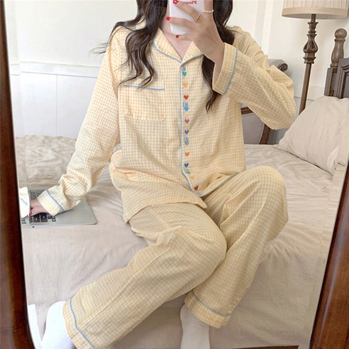 착한플리츠 오버핏 옐로우 하트라인 긴팔 잠옷세트