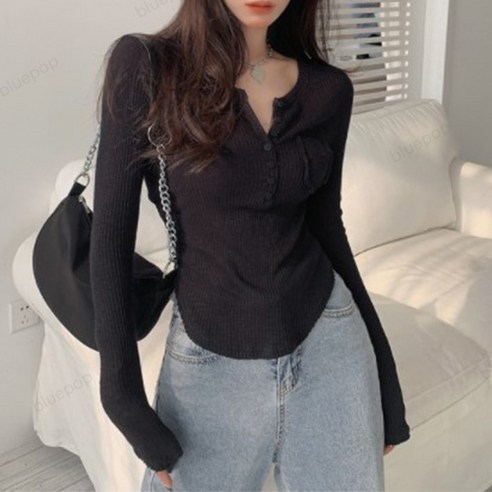골지 골반 날씬 라인 단추 티