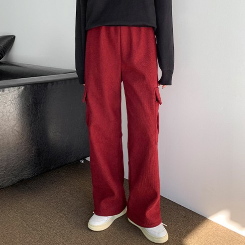 [OKㅣ강추] 데이오프무드 여성용 골덴 양털 기모 스트링 카고 와이드 팬츠 [OKNOWㅣ추천상품]