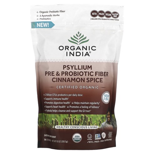 Organic India 차전자피 프리바이오틱 프로바이오틱 식이섬유 시나몬 스파이스 283g 10oz, 1개