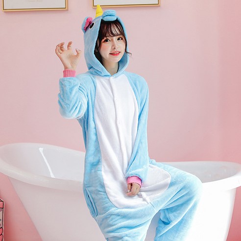 말랑마쥬 핑크&블루 유니콘 극세사 동물 수면잠옷 반티