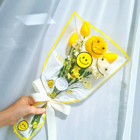 하리움 어린이집 꽃다발 포장지 스마일 OPP 투명 비닐 DIY 꽃 포장 재료 50장 3컬러 L사이즈, 스카이블루스마일(L)