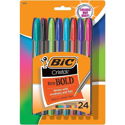 BIC MSBAPP241-A-AST 크리스탈 엑스트라 볼드 패션 볼펜 미디엄 포인트 1.6mm 다양한 색상 24개입, 어울리는