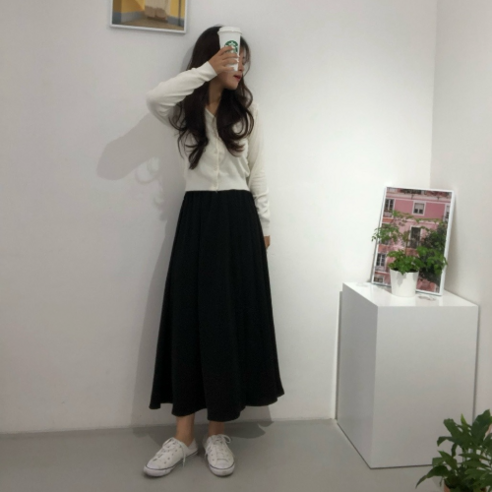 오뮬 플레어 롱 스커트 주름 치마 하객룩 사계절 밴딩 빅사이즈