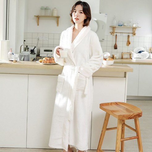 DFMEI-Y 잠옷 여성의 가을과 겨울 긴 산호 양털 플러스 벨벳 두꺼운 커플 목욕 가운 플란넬 남자 잠옷 겨울 홈 착용, M 적합 [160cm -120kg], DFMEI 화이트 [여성] 허리 플란넬