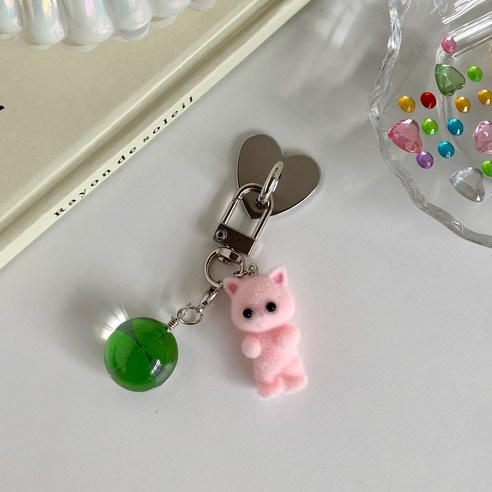 떨샵 달링고양이 키링 로맨틱 진주리본 아이폰 핸드폰 고리 폰꾸 키홀더, 1개, 달링고양이키링(클로버핑크)