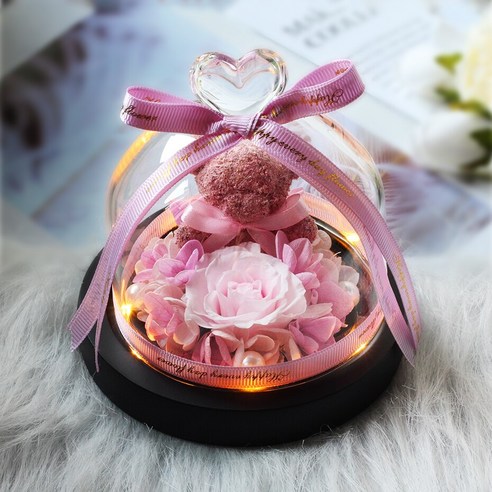 [LOVE MQ] 테디 베어 꽃 영원한 로즈 아름다움과 야수 말린 꽃 유리 돔 웨딩 홈 장식 생일 선물, 하나, 미니 Bear07 핑크