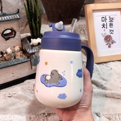 ROGBID 크리 에이 티브 만화 패턴 세라믹 컵 대용량 귀여운 머그 물 컵 휴대용 보온병 컵, 나무늘보[플라스틱 커버 + 유리 빨대], 500ml