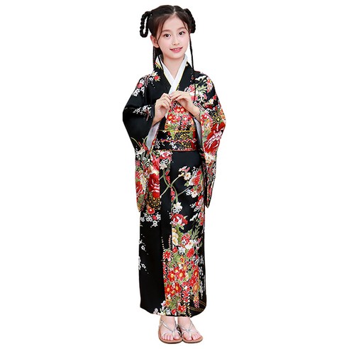 어린이 일본 전통 기모노 유카타 개량 의상 민속 한복 치마 드레스 롱 스커트 차이나 코스프레 자수 동양 플라워 T-1088