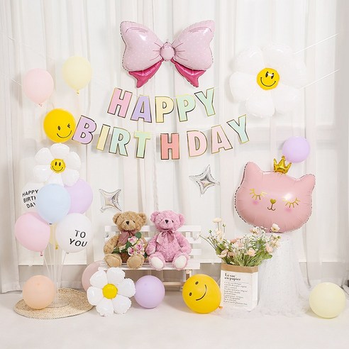 [피앤비유니티] 대형리본 데이지 생일풍선, 1세트, 01)대형리본 데이지생일세트-핑크리본