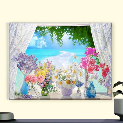 오로라데코덴 캔버스형 보석십자수 40x50cm, MK077 풍경 해변가 꽃병 창문