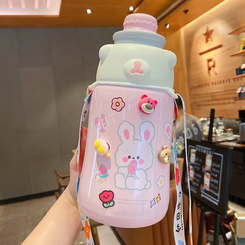 보온컵 여자 고안가 주전자 휴대용 야외 선녀 컵 배 빨대 물컵, 핑크+스티커+액세서리+컵끈, 1130ml