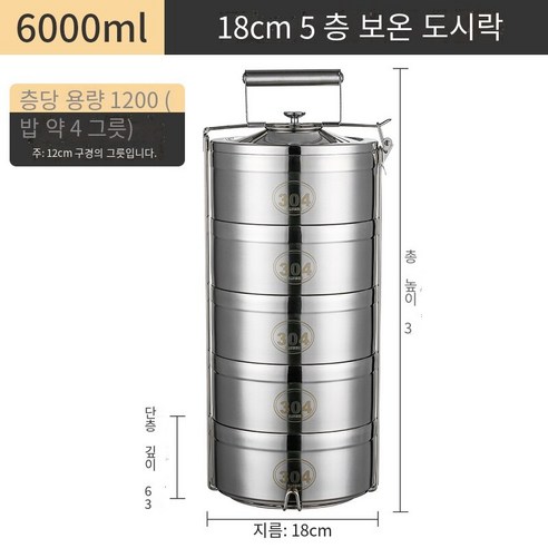 스테인레스 스틸 더블 레이어 절연 도시락 버킷 2/3/4/5 다층 도시락 슈퍼 대용량 음식 격자 냄비, 에메랄드 그린 18cm 5 층 304 안티 오버플로